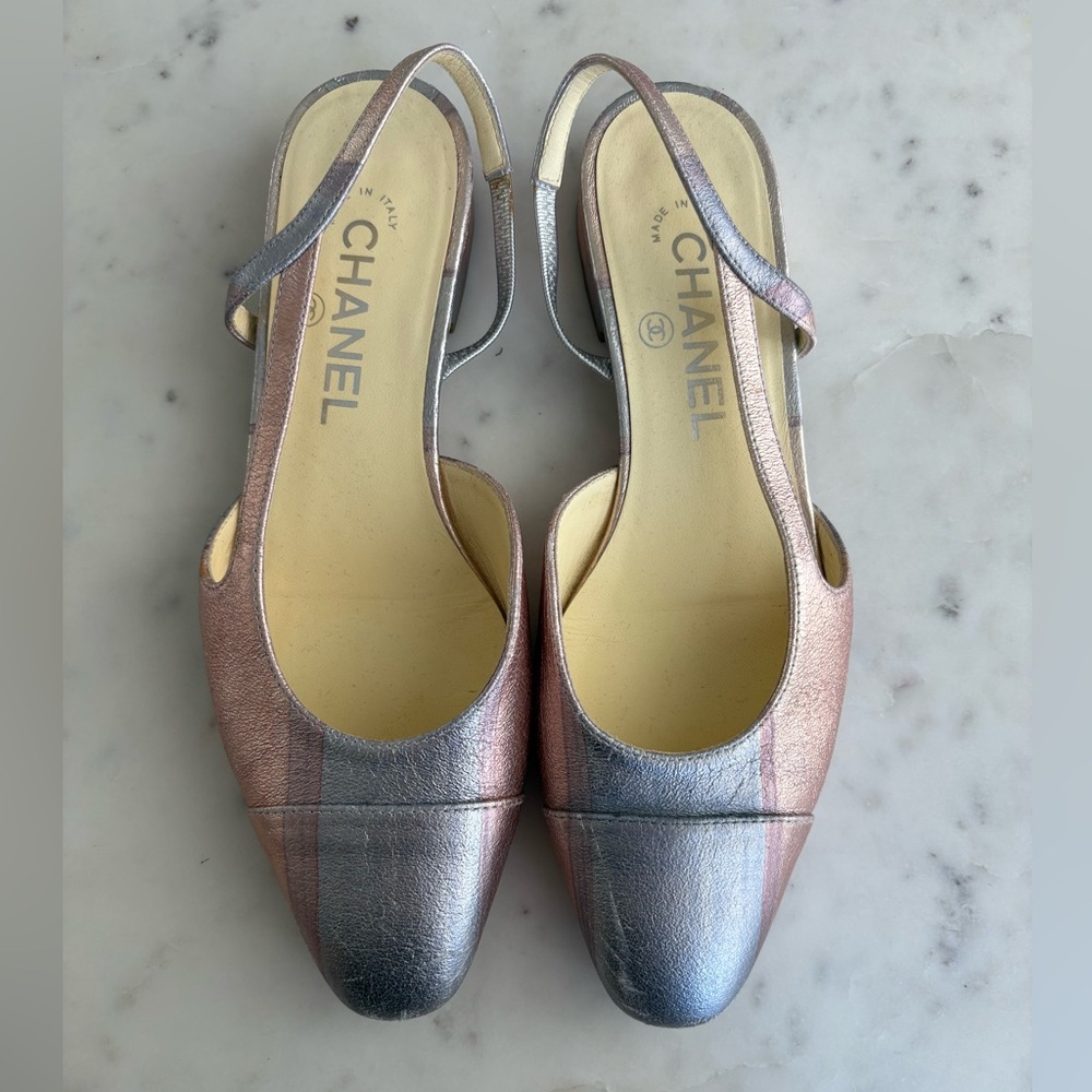 CHANEL Women's Metallic Slingback Heels - Silver and Pink